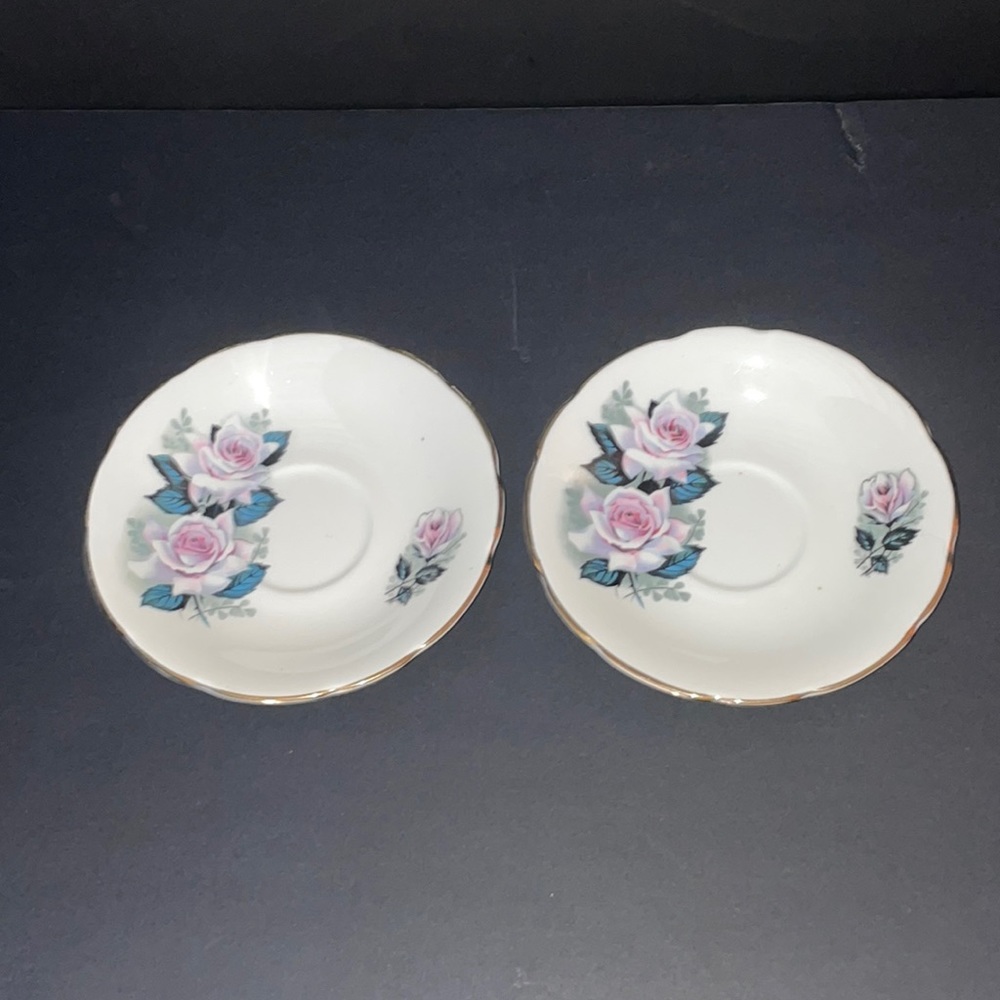 2 Vintage Saucers Bone China England Pink Rose Flowers no cup Delphine Crafts